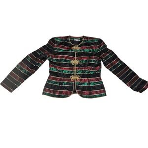 Talbots Womens Jewel Tone Striped Evening Jacket Gold Frog Closure Metallic 6